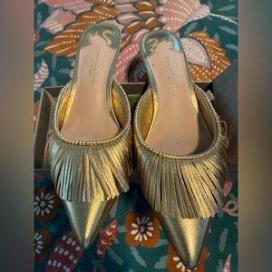 Antonio Melani x Jennifer Sumko Mimi metallic leather fringe mules